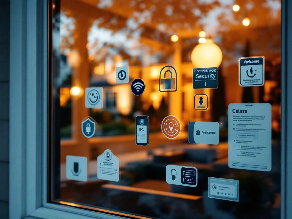 Raam van moderne woning met beveiligingsstickers en warme binnenverlichting in suburne buurt bij zonsondergang