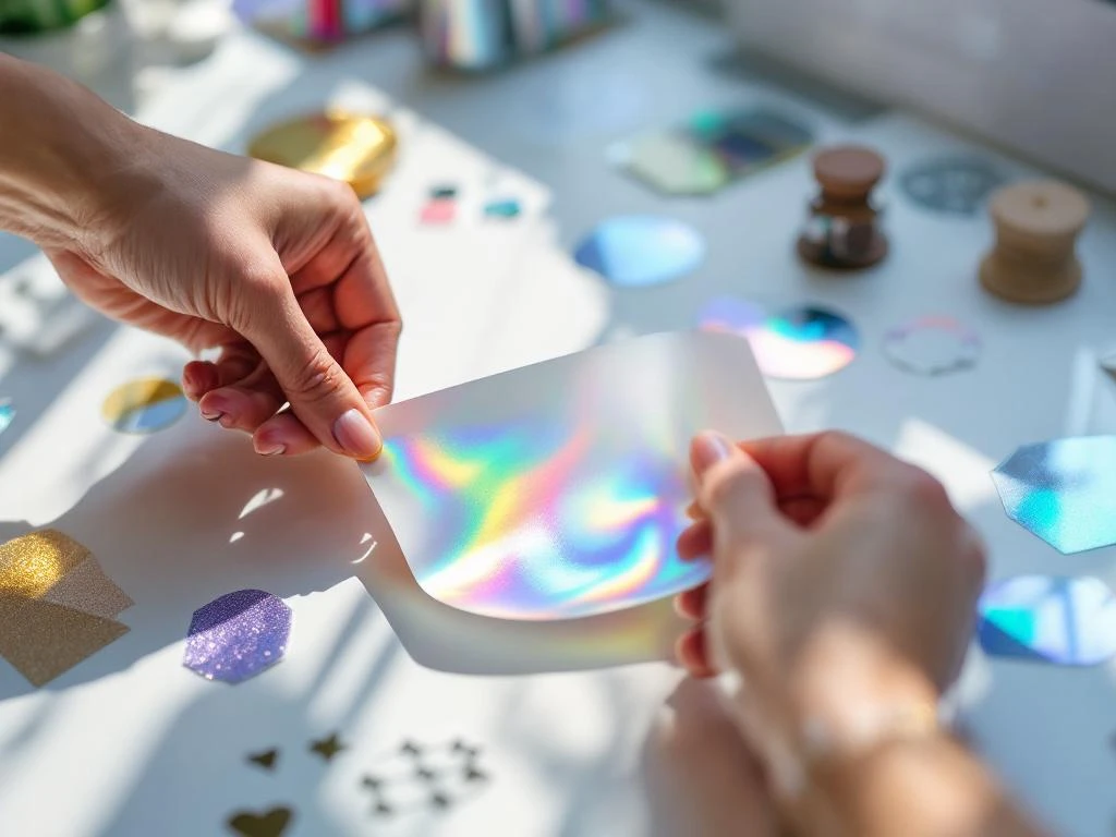 Handen pellen holografische regenboogsticker van vel, omringd door duurzame geometrische stickers op wit bureau