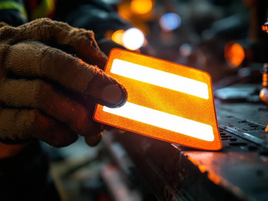 Bouwvakker plaatst oranje reflecterende veiligheidssticker op metalen oppervlak, reflecterend materiaal vangt licht op