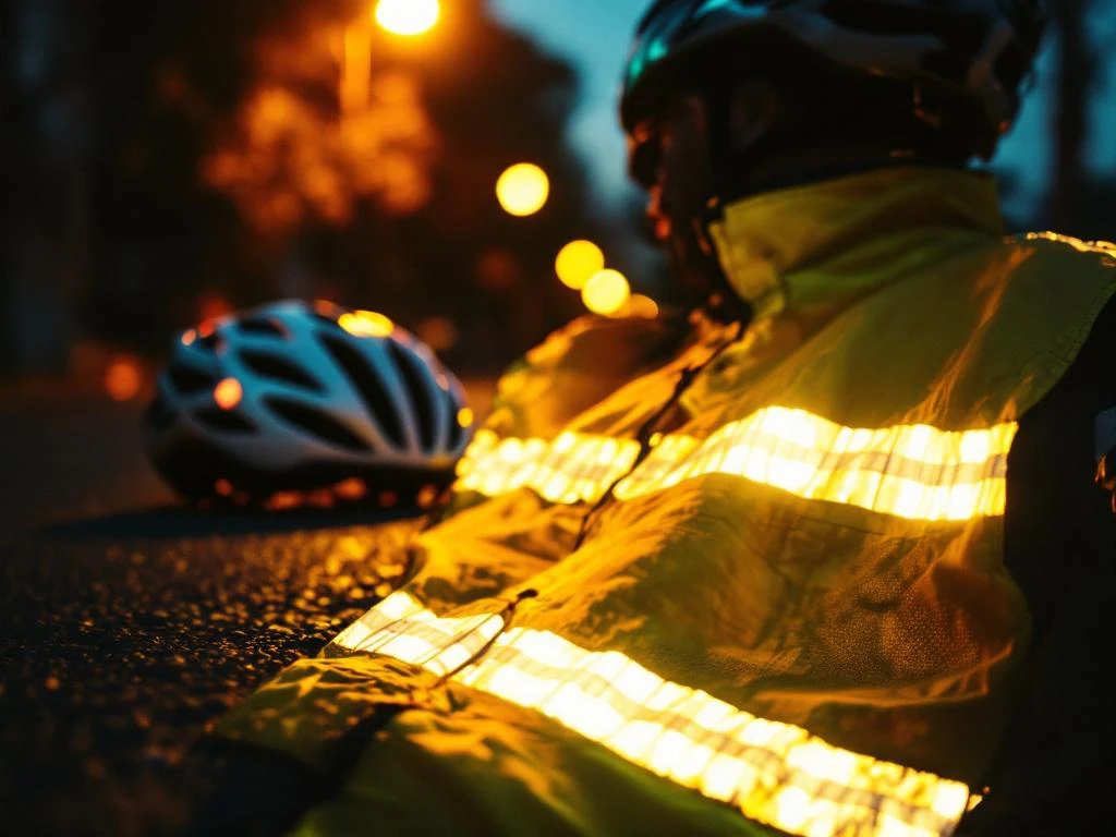 Reflecterende wielrennersvest gloeit onder straatverlichting met fietshelm op asfalt tijdens gouden uur