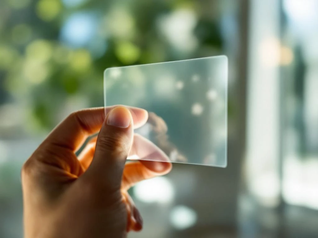 Hand brengt transparante sticker aan op glas zonder luchtbellen, natuurlijk licht creëert zachte reflecties