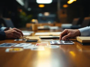 Professionele handen onderzoeken stickerstalen van vinyl, papier en metaal op vergadertafel in kantooromgeving