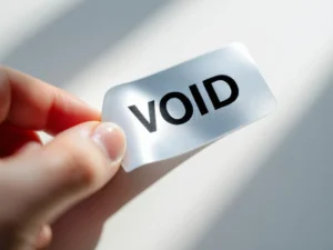 Hand pelt zilveren veiligheidssticker af van wit oppervlak, toont VOID patroon en lijmresten