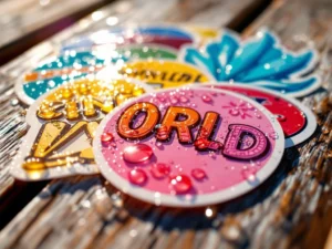 Kleurrijke vinylstickers met waterdruppels op houten terras, sommige verweerd door weer, ochtendlicht door waterparels