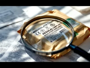 Voedselverpakking met compliance-stickers en certificeringsmarkeringen onder vergrootglas, regelgevingsdocumenten op bureau