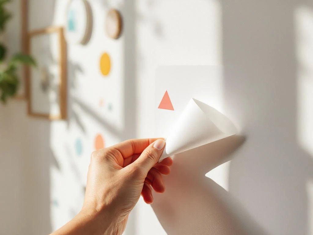 Hand die hoek van kleurrijke geometrische muursticker afpelt, adhesieve achterkant zichtbaar op witte muur