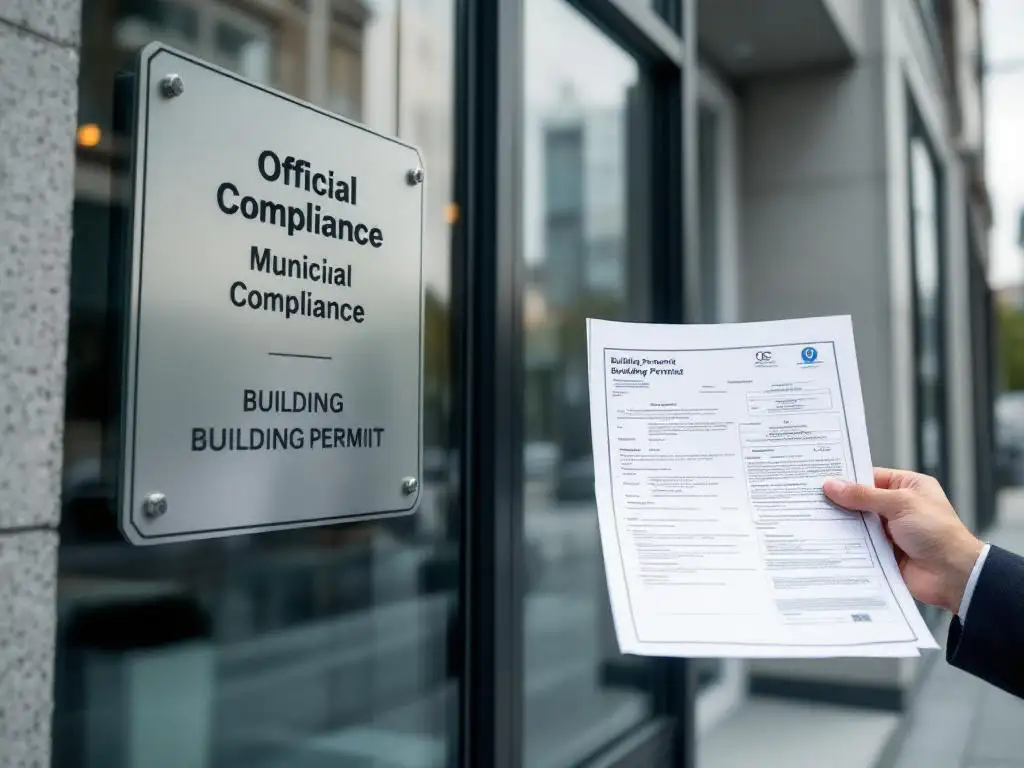 Architect houdt bouwvergunning vast en wijst naar officiële vergunningsplaatjes op modern glazen kantoorgebouw