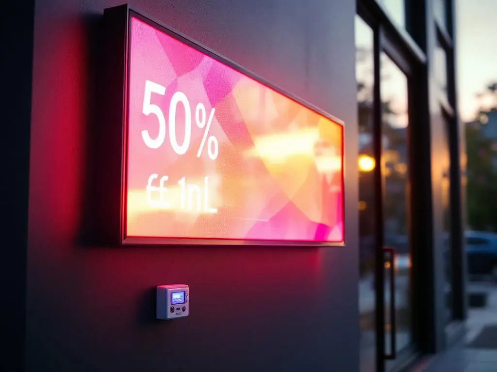 Moderne LED-reclame met levendige kleuren op donkere gebouwmuur, energiemeter toont laag verbruik, avondlicht