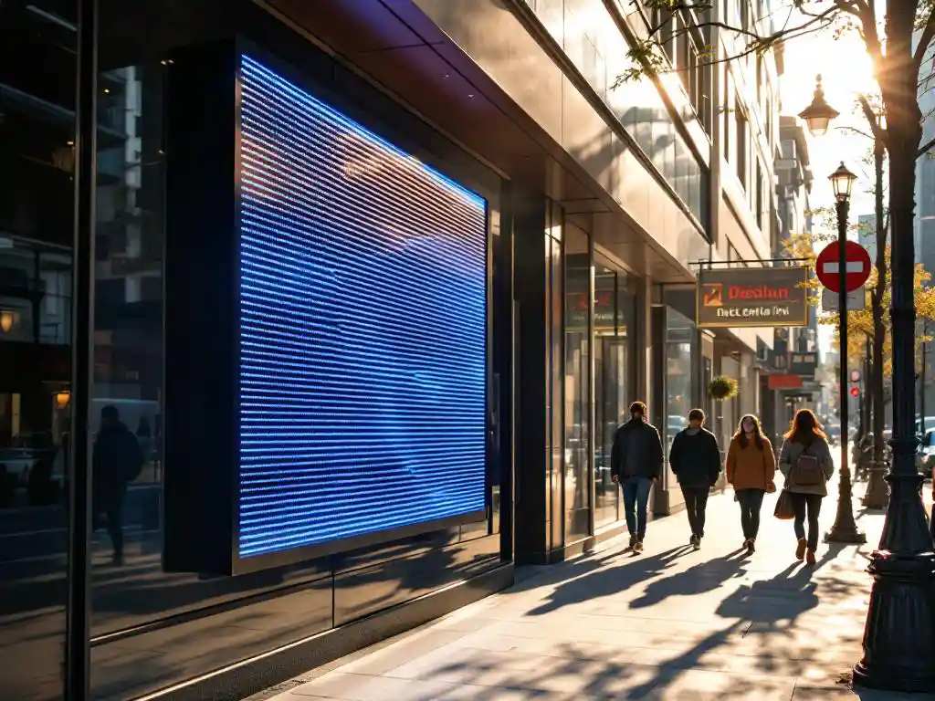 Helder LED-reclamebord op moderne winkelgevel, goed zichtbaar in fel daglicht met voetgangers op stoep