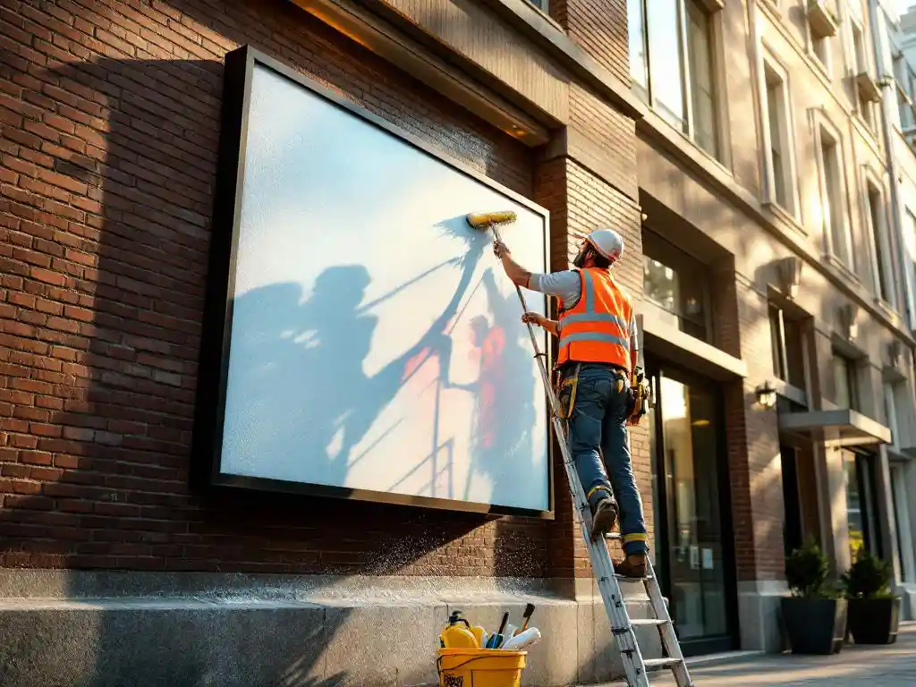 Onderhoudsmedewerker in hesje reinigt verlicht winkelgevelreclame vanaf ladder bij modern kantoorgebouw