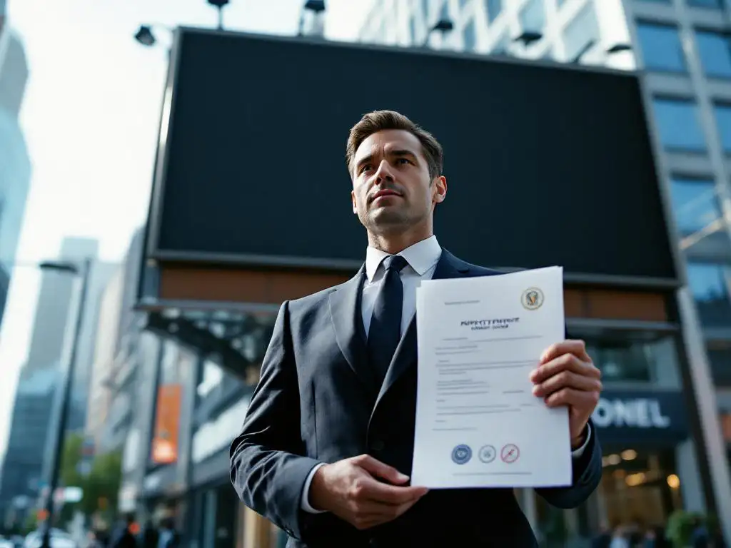 Zakenman in donker pak houdt officiële vergunningsdocumenten vast voor groot digitaal reclamebord op commerciële straat