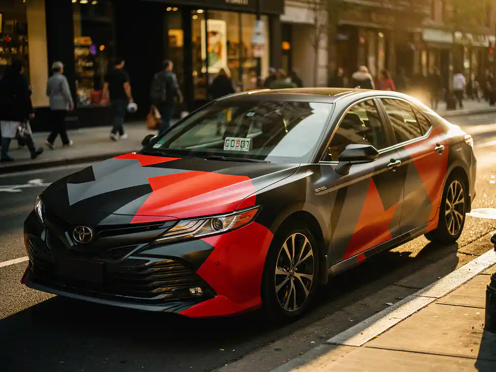 Sedan met opvallende car wrap-reclame in signaalrood en houtskoolgrijs, geparkeerd op drukke stadsstraat in gouden middaglicht.