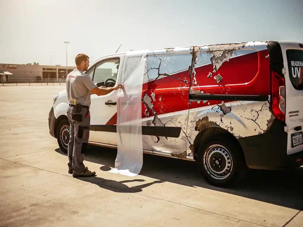 Technicus inspecteert afbladderende voertuigbelettering op witte bestelwagen in felle middagzon, met UV-laminaat folie naast zich.