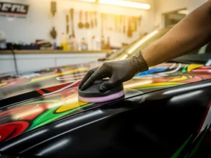 Technicus brengt beschermende coating aan op glanzende zwarte autowrap met levendige vinyl graphics in professionele sign shop.