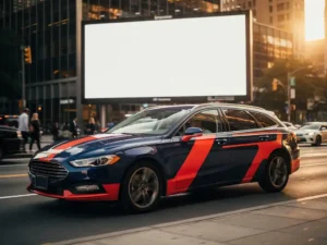 Bedrijfsauto met opvallende full-wrap voertuigbelettering rijdt door drukke stadsstraat in middagzon.
