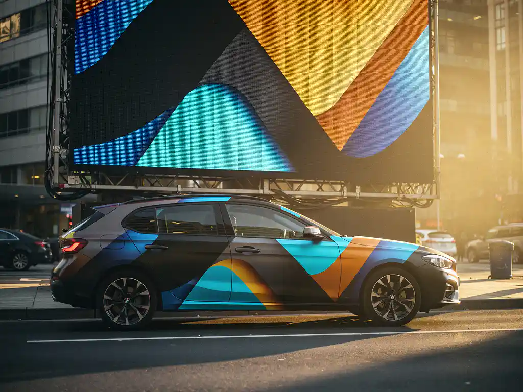 Gebrandmerkte bedrijfsauto met vinyl wrap geparkeerd naast een verlicht digitaal billboard op een stedelijke straat in gouden middaglicht.