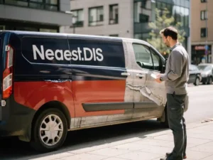 Beletteringsspecialist inspecteert slecht aangebrachte vinylwrap op bedrijfsbus met scheve letters, luchtbellen en kleurvlakken die niet aansluiten.