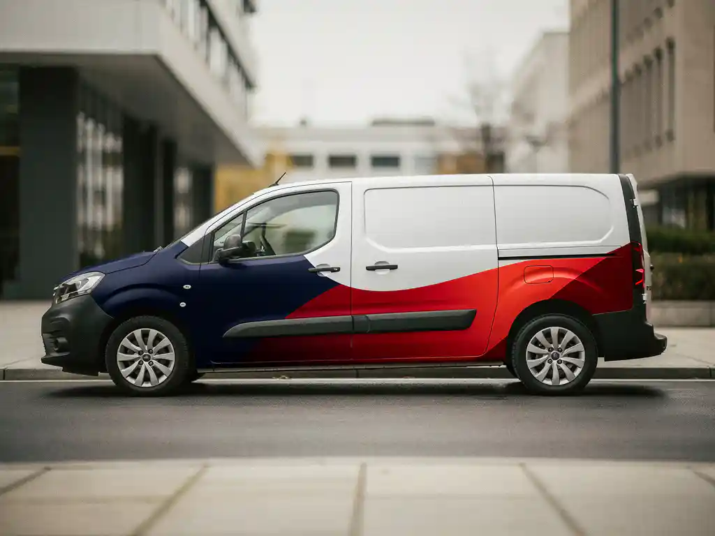 Bedrijfsbus met gedeeltelijke vinylwrap in marineblauw en rood op de onderste panelen, vervagende naar wit op de bovenkant, geparkeerd op stedelijke straat.