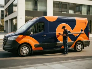 Beletteringsspecialist inspecteert afgewerkte autofolierung op bedrijfsbus met navy blauwe en oranje voertuiggrafics op stedelijke straat.