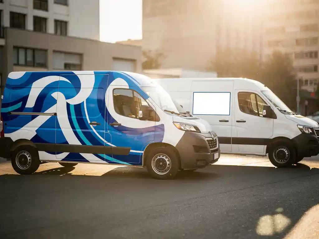 Twee witte bestelwagens naast elkaar op een stedelijke straat: één volledig beplakt met een opvallend cobaltblauw voertuigwrap, de ander met alleen deurlettering.
