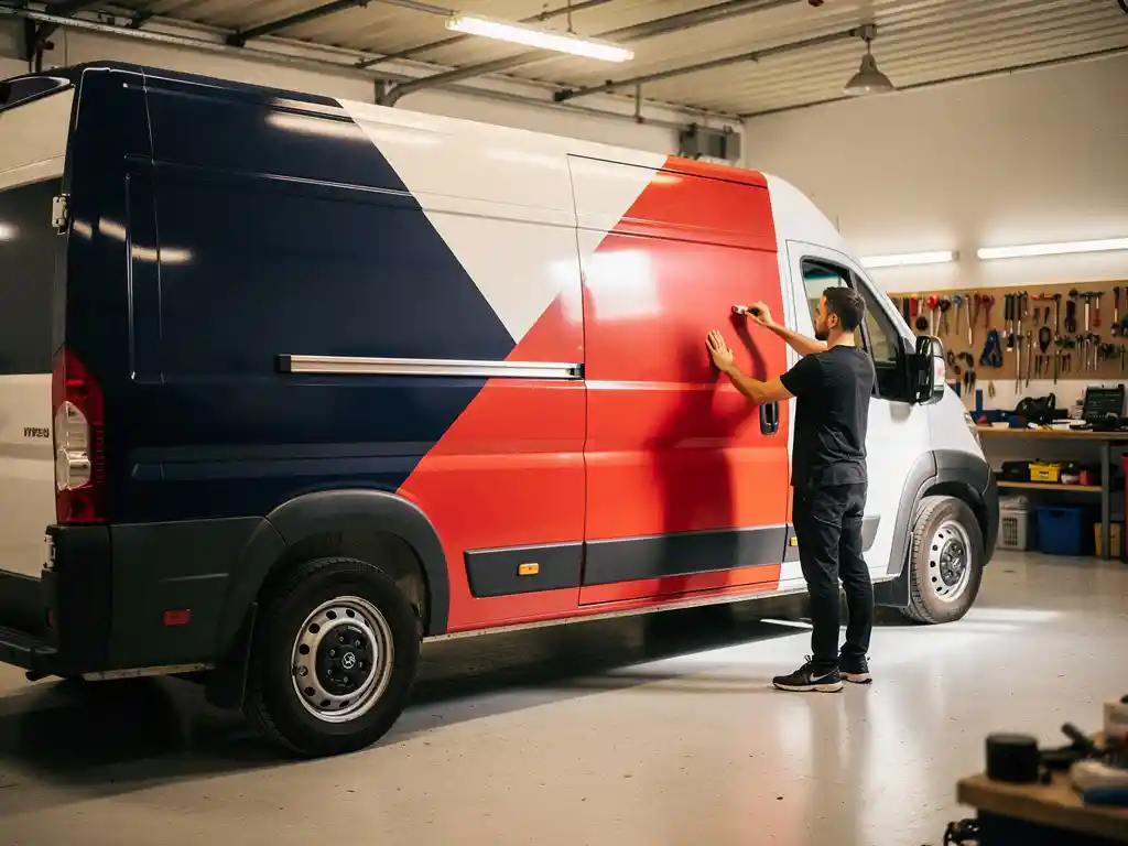 Technicus brengt grote vinylwrap met geometrische panelen in marineblauw en rood aan op witte bestelwagen in professionele werkplaats.