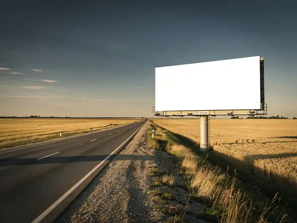 Groot reclamebord langs een verlaten landweg omgeven door gouden akkers, met zachte middagzon en een strakblauwe lucht.