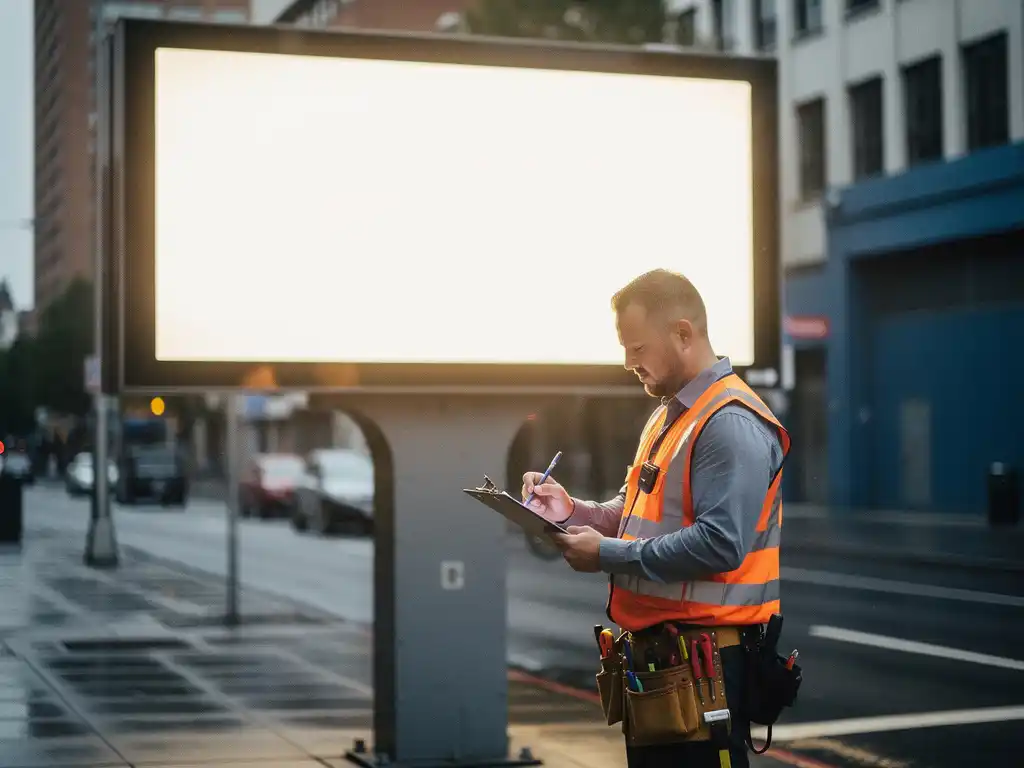 Technicus in veiligheidsvest inspecteert verlicht reclamebord op stalen paal, klembord in hand, stedelijke omgeving.