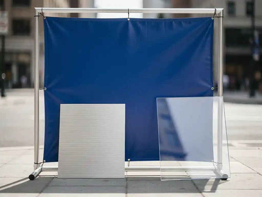 Weerbestendige vinyl reclamebanner op aluminium frame op een zonnig stadsvoetpad, met dibond paneel en acrylplaat in kobaltblauw en zilvergrijs.