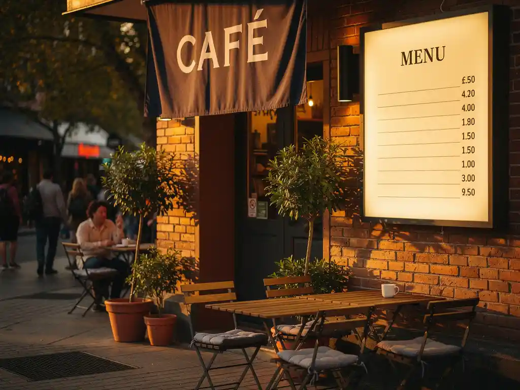 Verlicht menulichtvak op bakstenen gevel van een caféteras bij gouden uur, met houten stoelen, hangbanner en terracottakleuren.