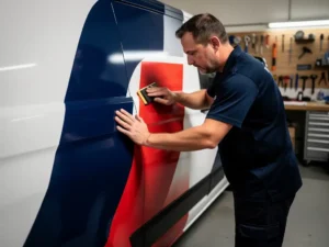 Technicus brengt kleurrijke vinylwrap aan op witte bestelbus met trekker, in verlichte werkplaats.