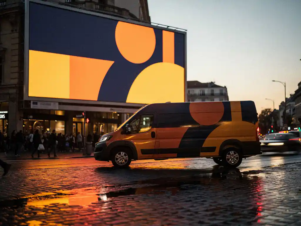 Gebrandede bezorgbus met full-wrap voertuiggrafiek geparkeerd onder verlicht billboard op natte kinderkopjesstraat in gouden avondlicht.