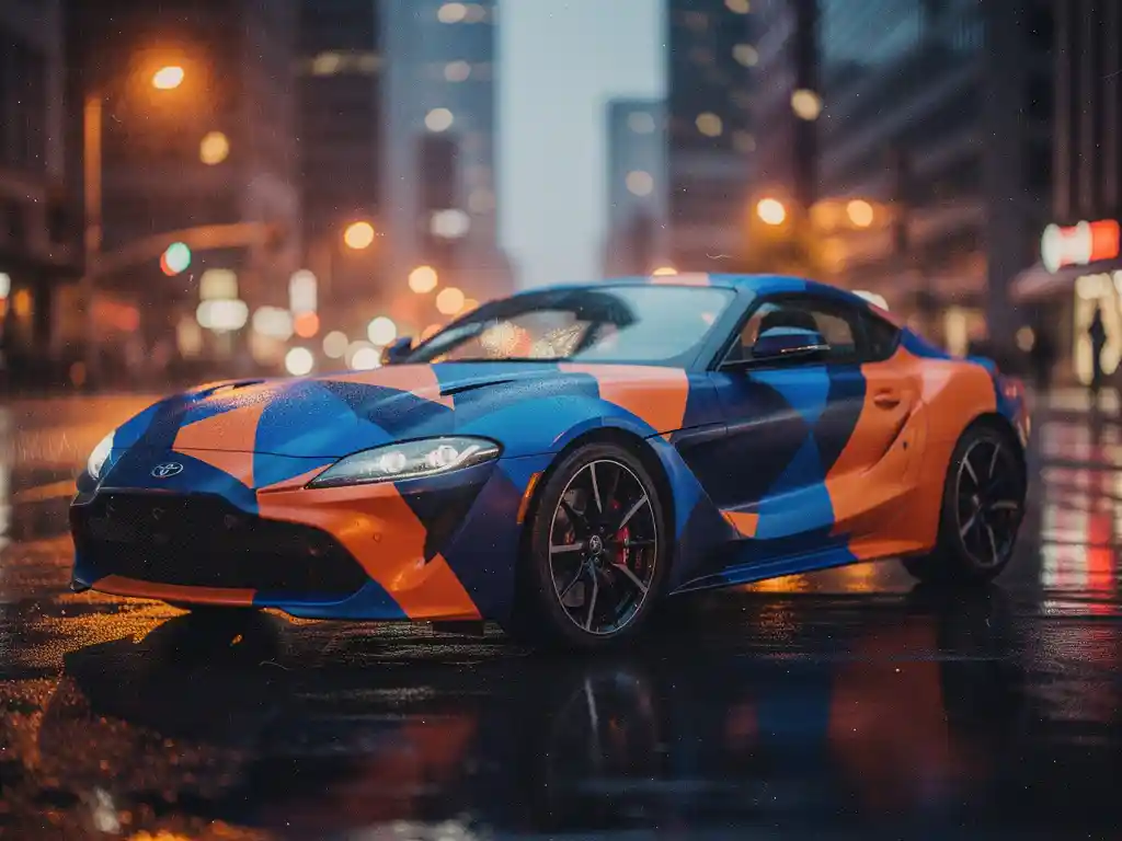 Moderne auto met geometrisch vinyl wrap in diepblauw en oranje op natte stadsstraat bij schemering, bokeh stadslichten op de achtergrond.