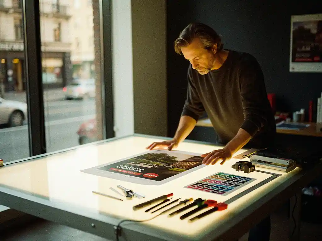Ontwerper buigt over lichttafel met billboard proof, kleurenstalen en meetlint in zonnig studioatelier met uitzicht op stadsstraat.