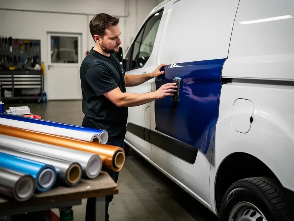 Vakkundige installateur die blauwe vinylfolie aanbrengt op portier van witte bestelwagen, kleurstalen op werkbank op de achtergrond.
