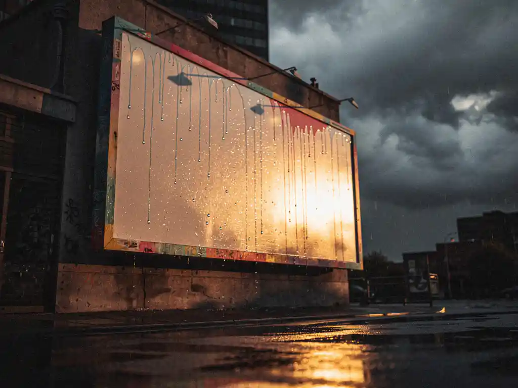 Verweerde reclamebord op stedelijke gevel met regenstrepen, zonlicht breekt door donkere wolken en belicht levendige kleuren.