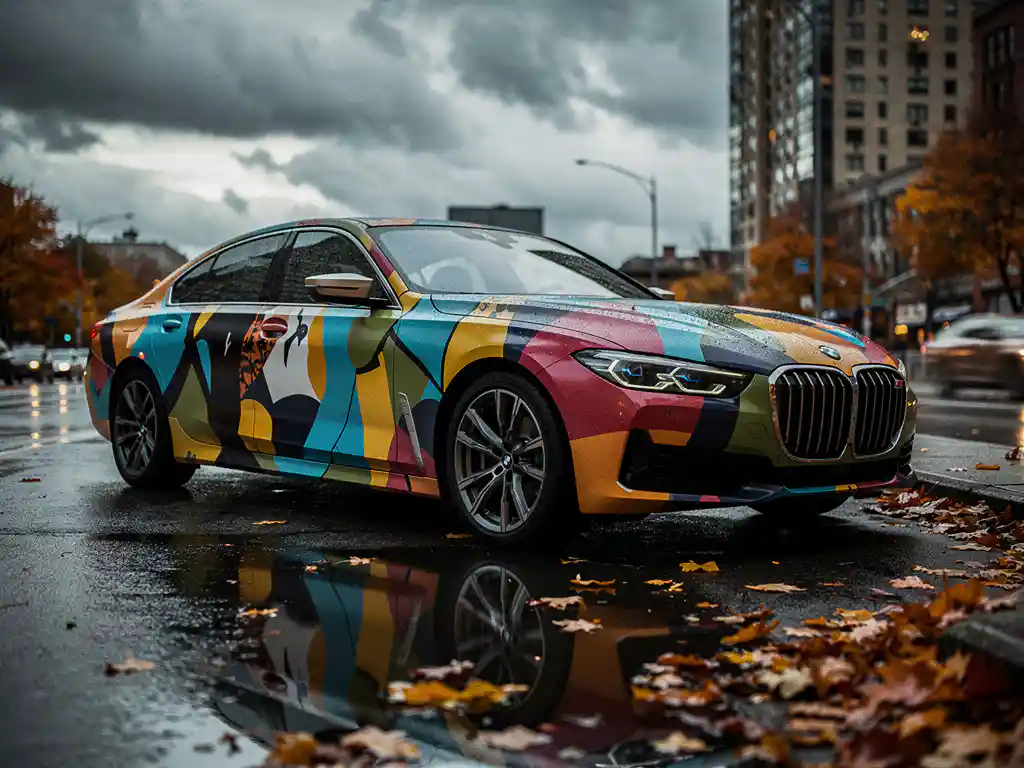 Glanzende auto met vinyl reclame-wrap geparkeerd op natte stadsstraat, omgeven door herfstbladeren onder bewolkte lucht.
