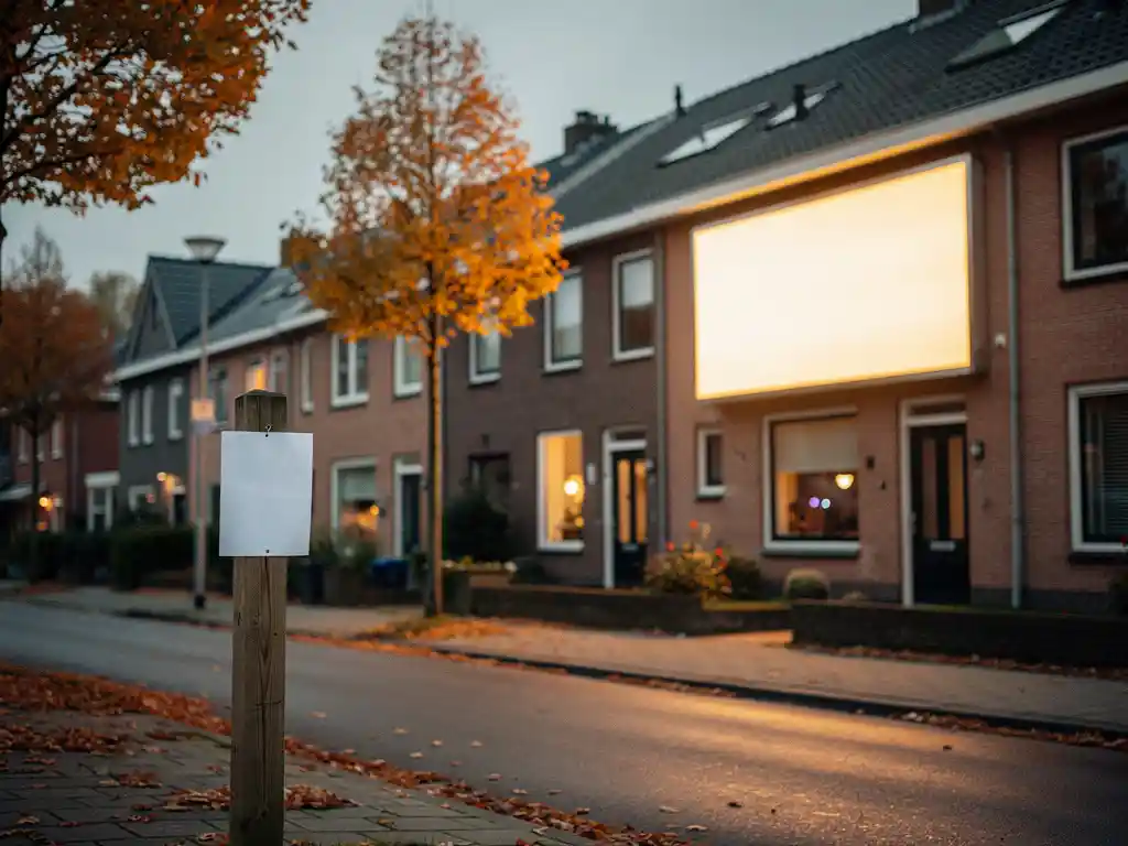 Verlicht reclamebord op bakstenen woongebouw in Nederlandse buitenwijk, met herfstbomen en gemeentelijke vergunningsaankondiging op houten paal.