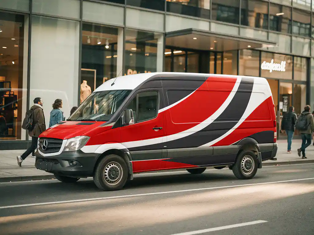 Witte bezorgbus met opvallende voertuigwrap in rood en antraciet geparkeerd op drukke stadsstraat, voorbijgangers kijken ernaar.
