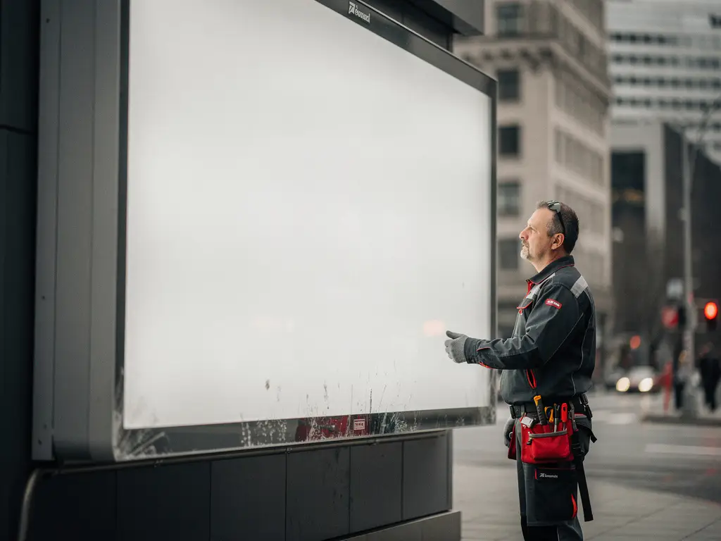 Technicus inspecteert groot verlicht reclamebord met anti-graffiti coating op stedelijke straat, lichte schuursporen zichtbaar op onderste paneel.