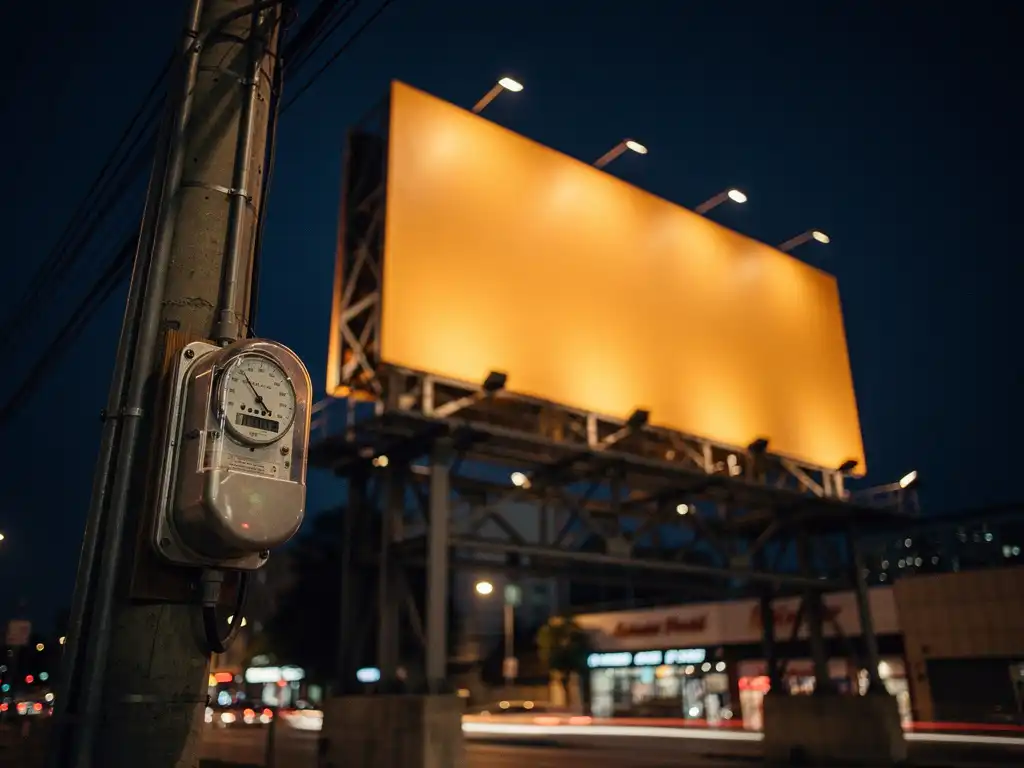 Verlicht reclamebord met warm ambergloed in schemering, elektriciteitsmeter op nabijgelegen nutspaal, stedelijke bokeh-achtergrond.