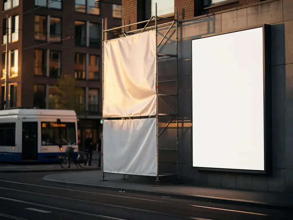 Verlicht reclamebord op gevelwand naast tijdelijk vinylbanner op steiger, Nederlandse stadsstraat met tram in goudkleurig avondlicht.