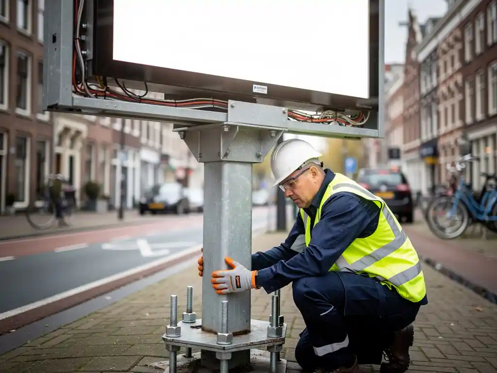 Veiligheidsinspecteur in oranje hesje controleert ankerbouten van een verlicht reclamebord op een stalen paal in een Nederlandse stad.