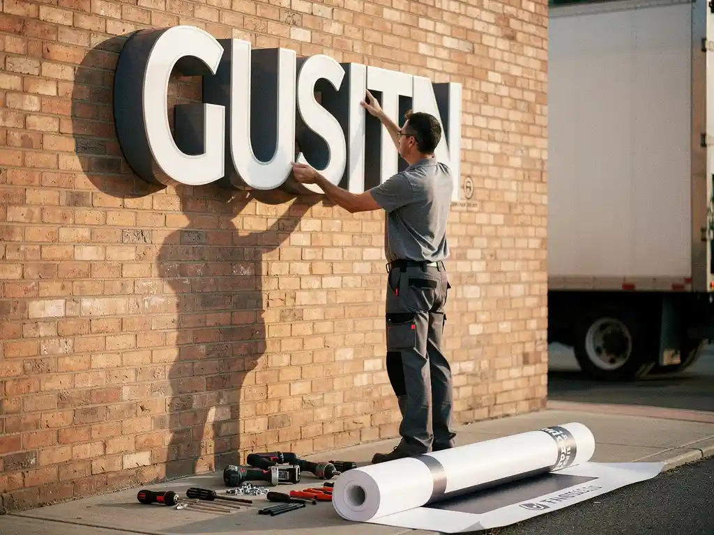 Vakman verwijdert verlichte kanaalletters van bakstenen gevel, verhuiswagen op achtergrond, gereedschap en vinyl banner op stoep.