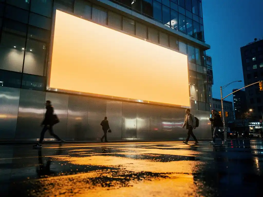 Verlicht reclamebord met ambergloed op gevelbekleding, weerspiegeld in nat stadsasfalt bij schemering met voorbijgangers.