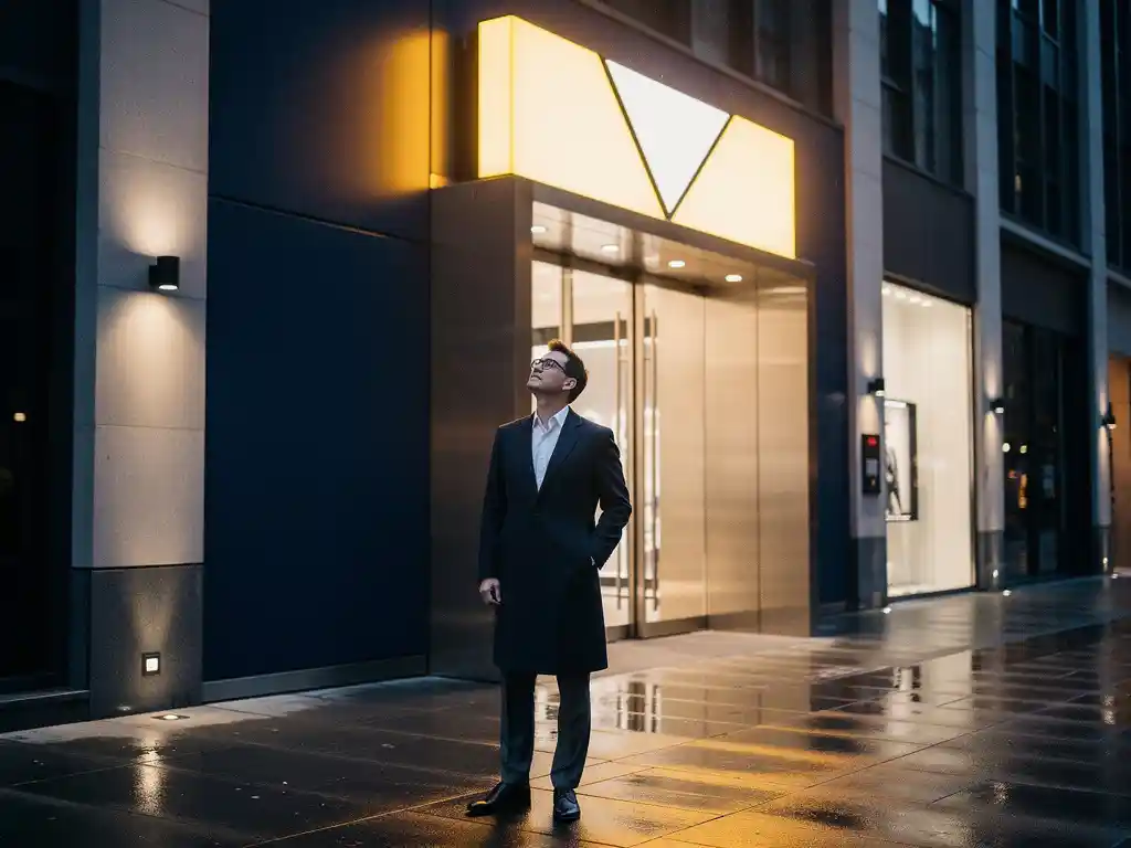 Verlichte winkelgevel in avondlicht weerspiegeld op nat trottoir, goed geklede professional kijkt omhoog, stedelijke omgeving.