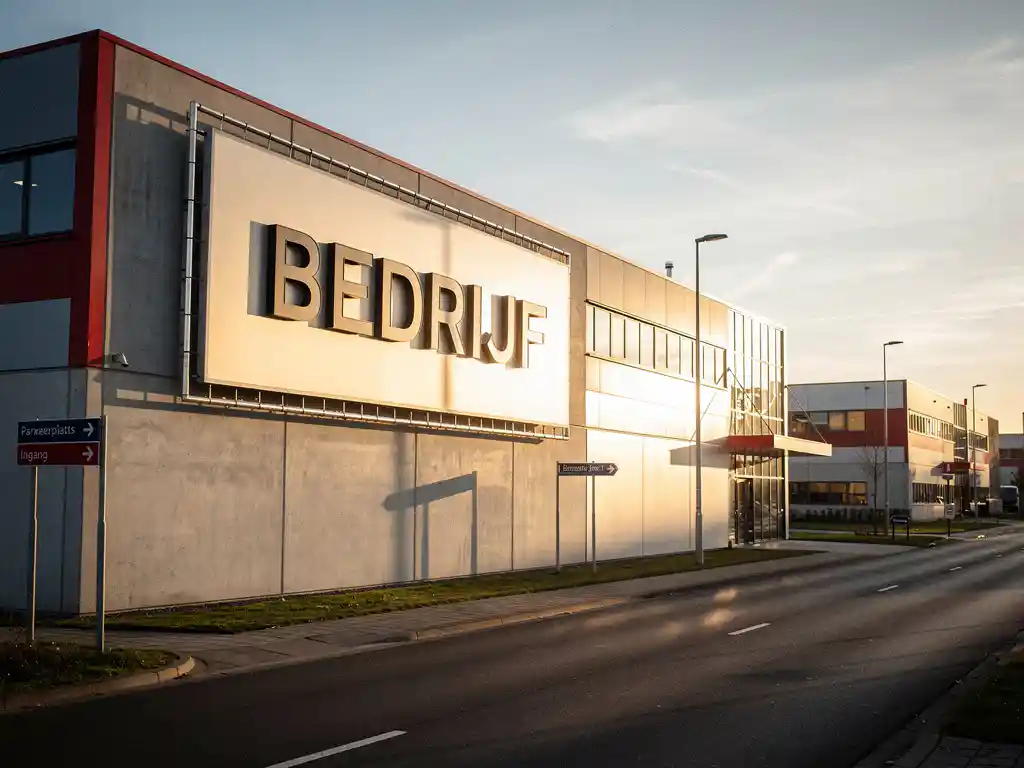 Verlicht reclamebord met rode en witte letters op moderne industriële gevel bij Nederlands bedrijventerrein tijdens gouden uur.