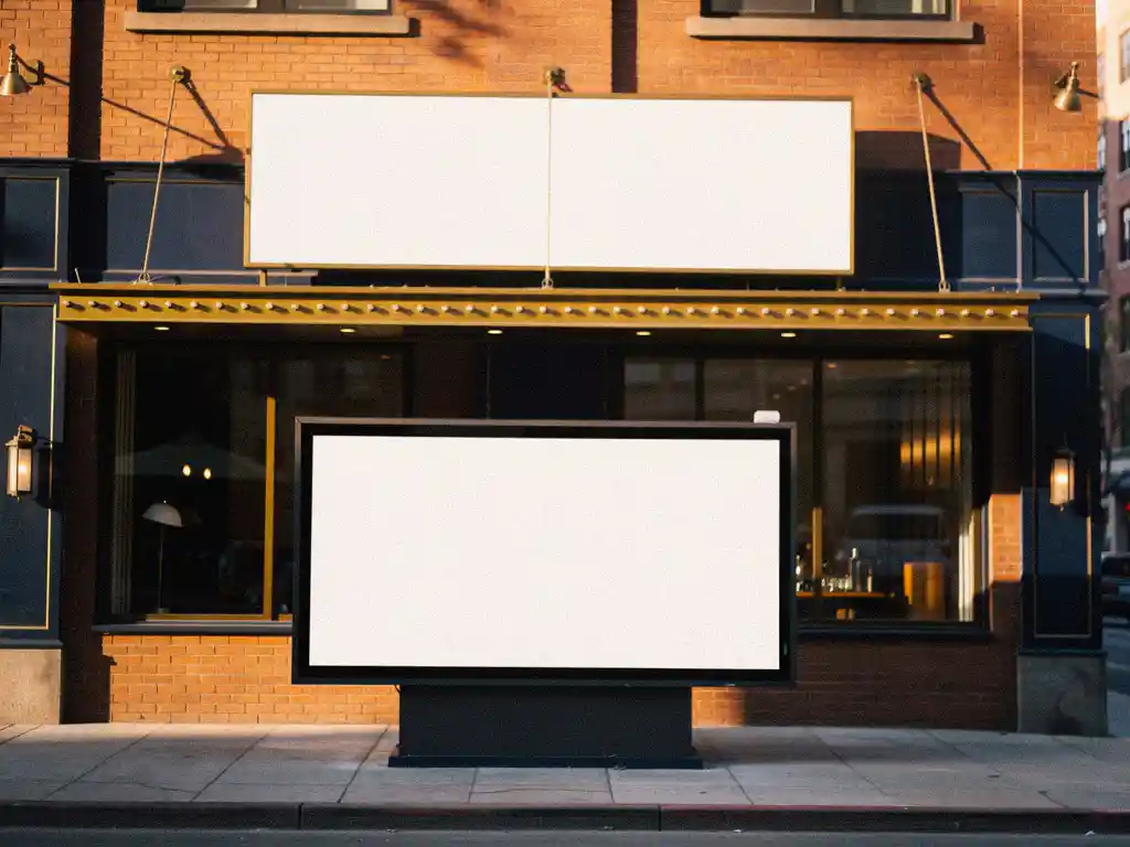 Verlicht reclamebord op bakstenen gevel met gemeentelijke vergunning naast vrijstaand billboard op stadsvoetpad, warm middaglicht.
