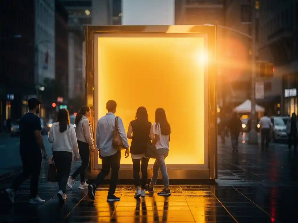 Verlicht winkelpui met warm amberkleurig licht in drukke stadsstraat bij schemering, voorbijgangers op de achtergrond.