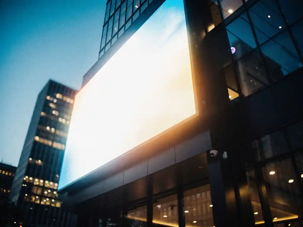 Groot verlicht LED-reclamebord op moderne gevel bij schemering, met elektrisch blauw en warm amber licht tegen een donkere stedelijke achtergrond.