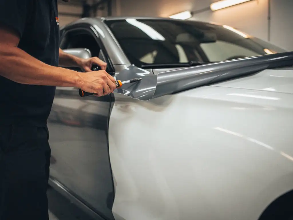 Technicus verwijdert grote vinylwrap van zilveren leaseauto, waaronder witte lak zichtbaar wordt, in professionele werkplaats.